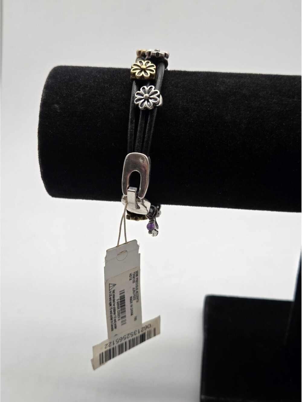 Lucky Brand Black Leather Wrap Bracelet Gold & Silver Tone Daisy Flower Charms - Picture 2 of 3